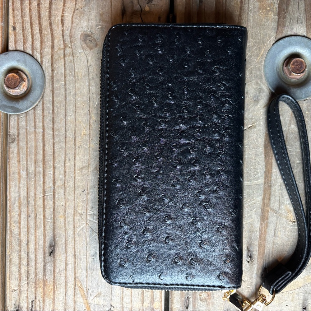 Black Ostrich Embossed Wallet with Wrist Strap